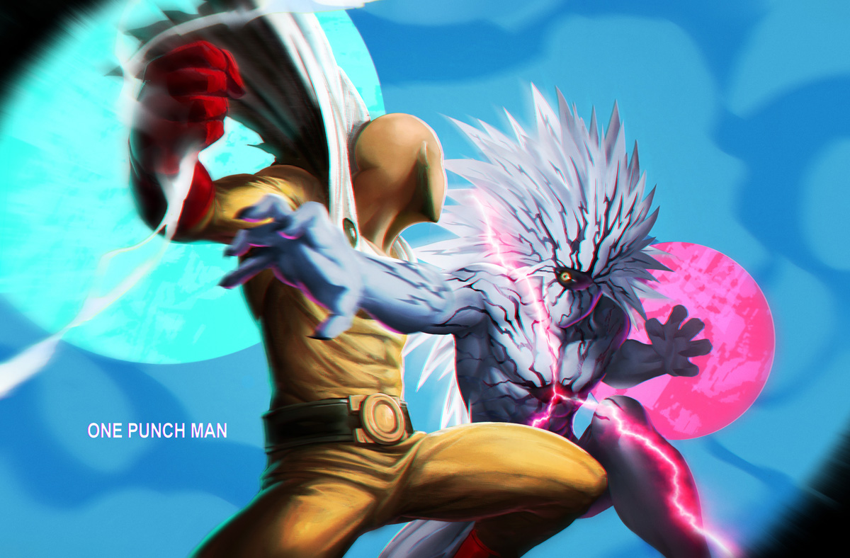 Imagem artística de desenho animado de ultra instinto goku fundido com  saitama